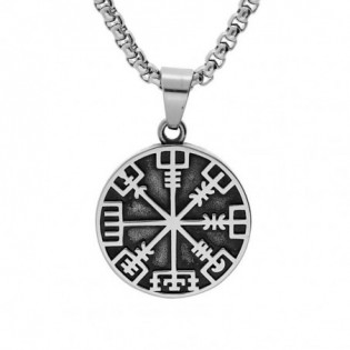 COLLIER ACIER PENDENTIF ROND 32MM VIKING PATINÉ