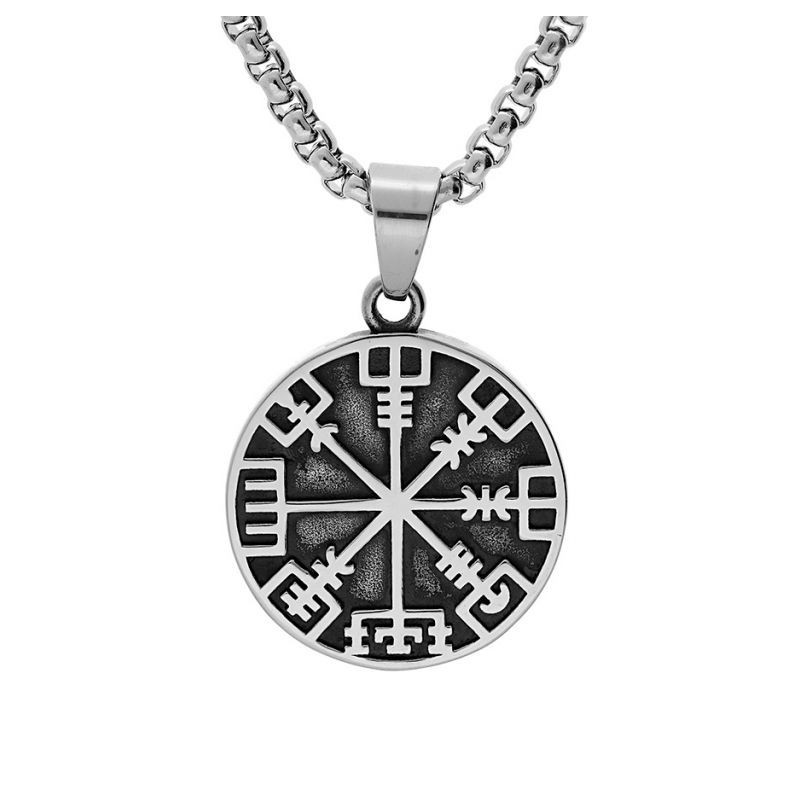 COLLIER ACIER PENDENTIF ROND 32MM VIKING PATINÉ