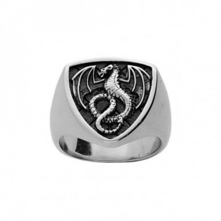 BAGUE ACIER FORME ECUSSON FOND PATINÉ DRAGON