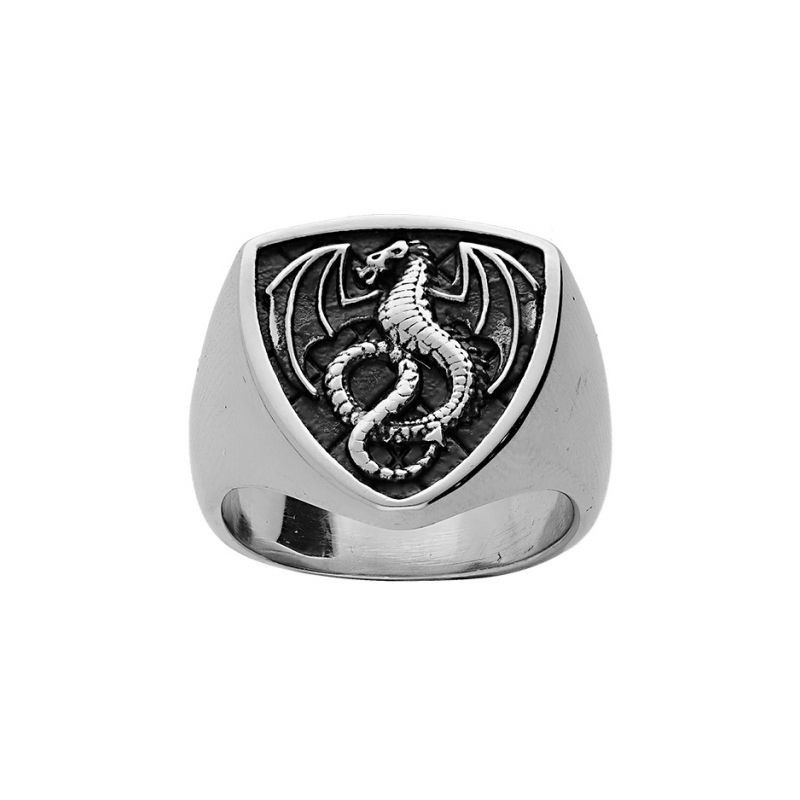 BAGUE ACIER FORME ECUSSON FOND PATINÉ DRAGON_62