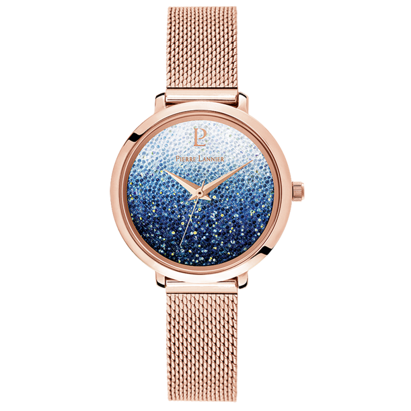 Montre Femme PETITE CRISTAL Cadran Bleu dégradé Bracelet Acier milanais Doré rose